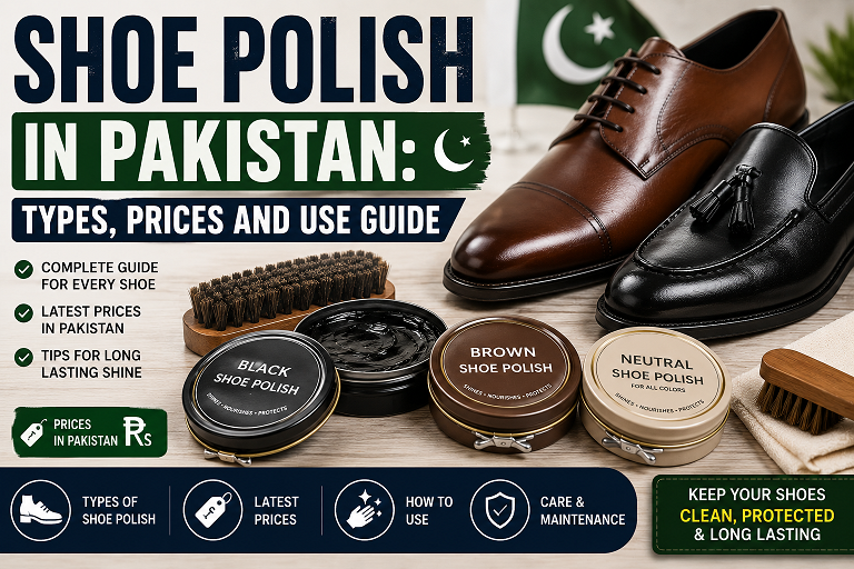 Black brown and neutral shoe polish with brushes for leather shoes in Pakistan