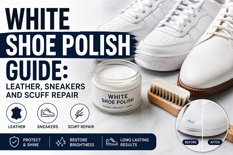 White shoe polish being applied carefully to smooth white leather shoes