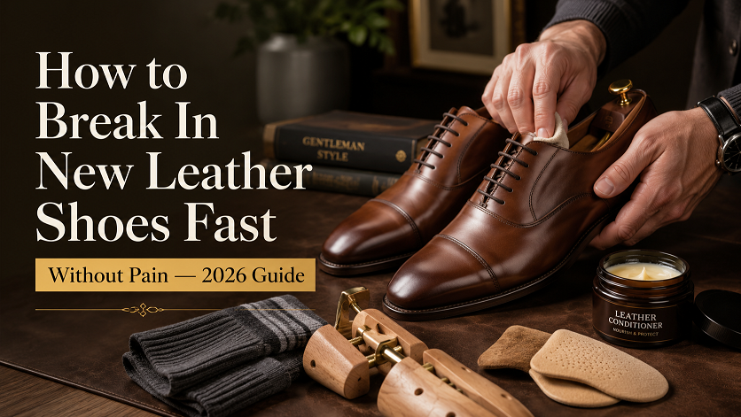 How to break in new leather shoes fast without pain using thick socks leather conditioner hair dryer and moleskin blister prevention 2026 guide