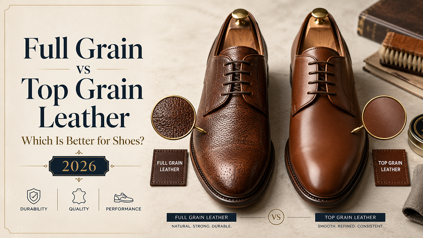 Full grain vs top grain leather comparison showing natural grain surface texture, patina development and durability differences for shoes and boots