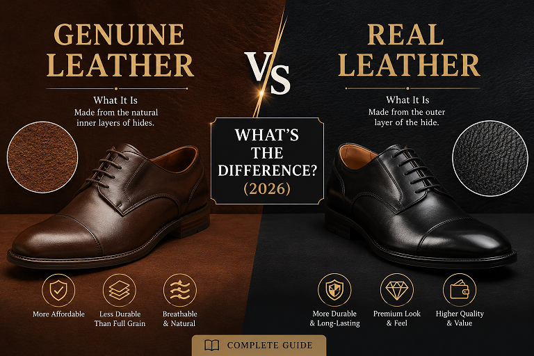 Genuine leather vs real leather quality comparison — full grain top grain corrected grain genuine leather and bonded leather hierarchy chart 2026
